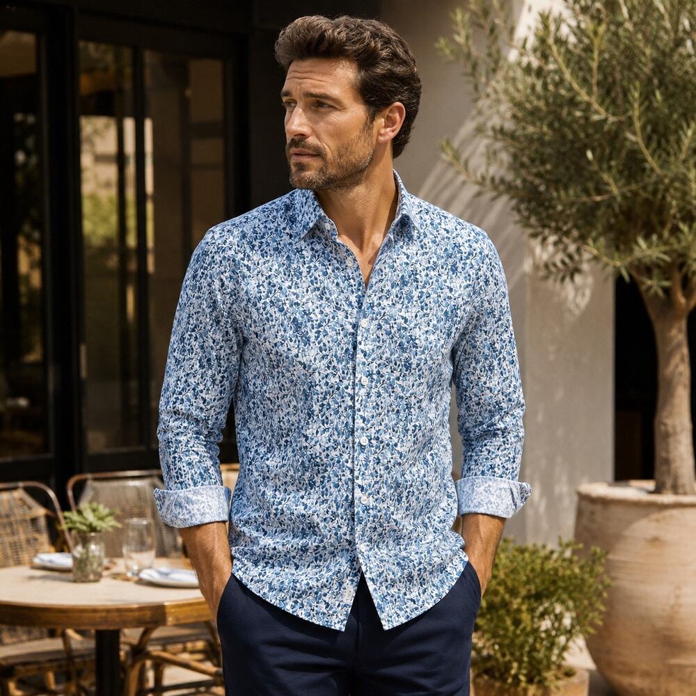 Duchamp London Floral Button Front Shirt Mens Medium Blue White Stretch